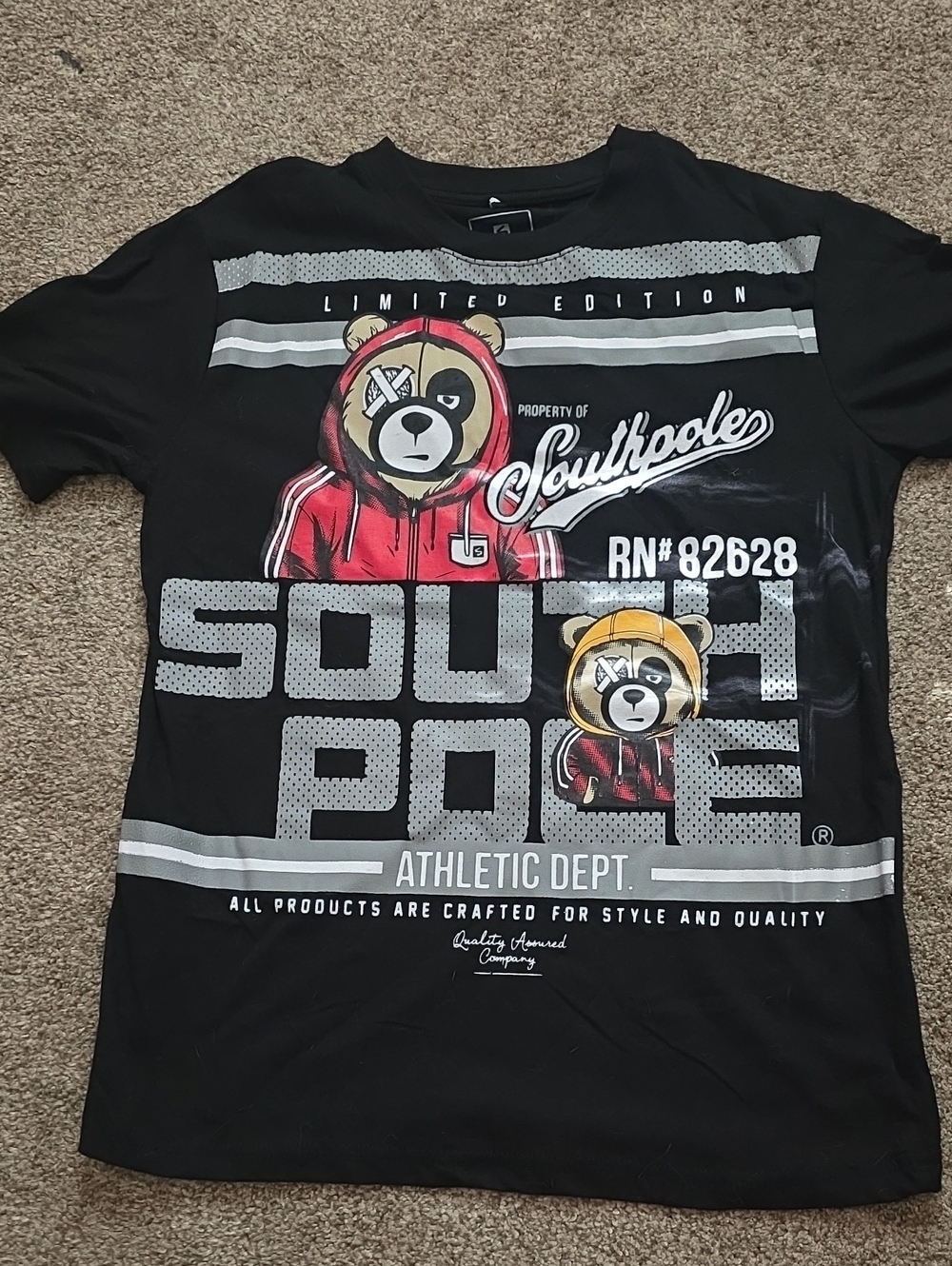 South Pole Black Tee with Red & Yellow Bear Graphics